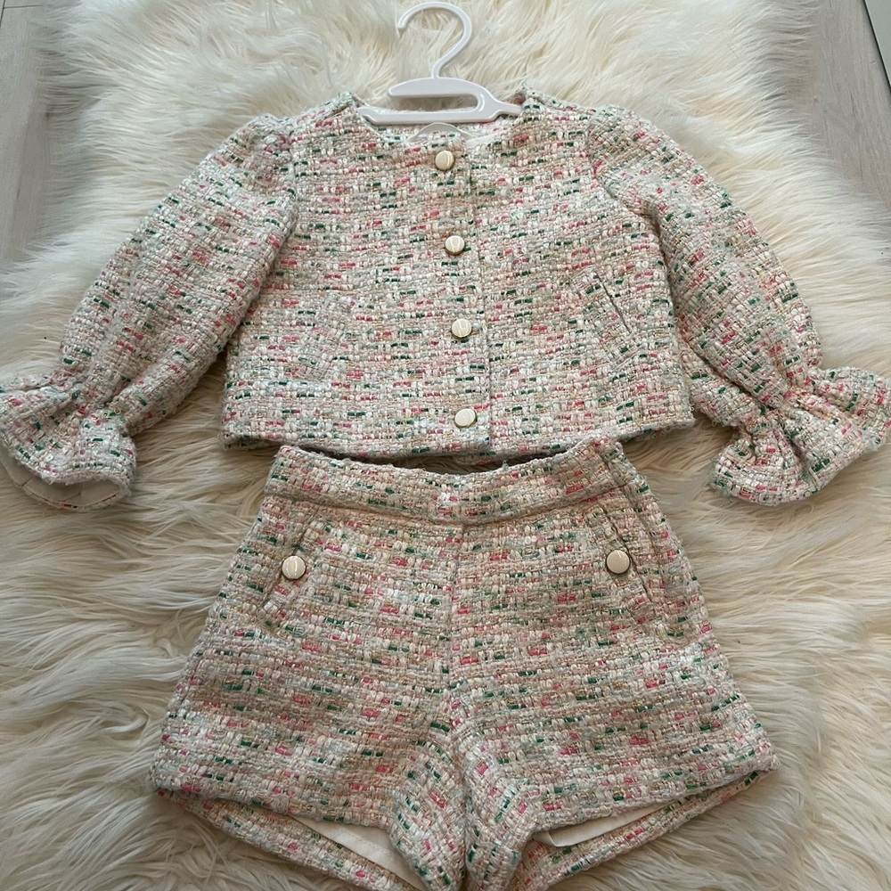 Janie and Jack Textured Tweed Set in Cream and Pink